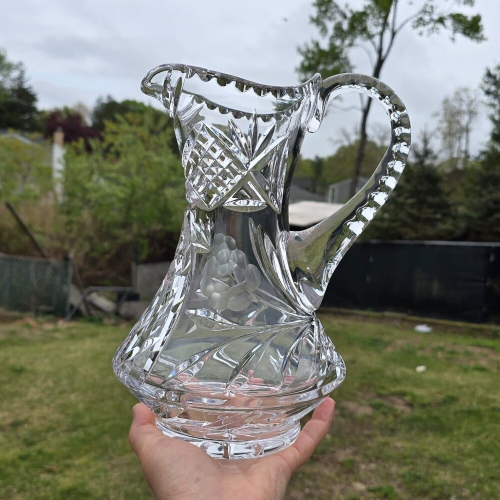 Etched Heavy Cut Crystal Pitcher Decanter Handle Floral Motif - Picture 6 of 14